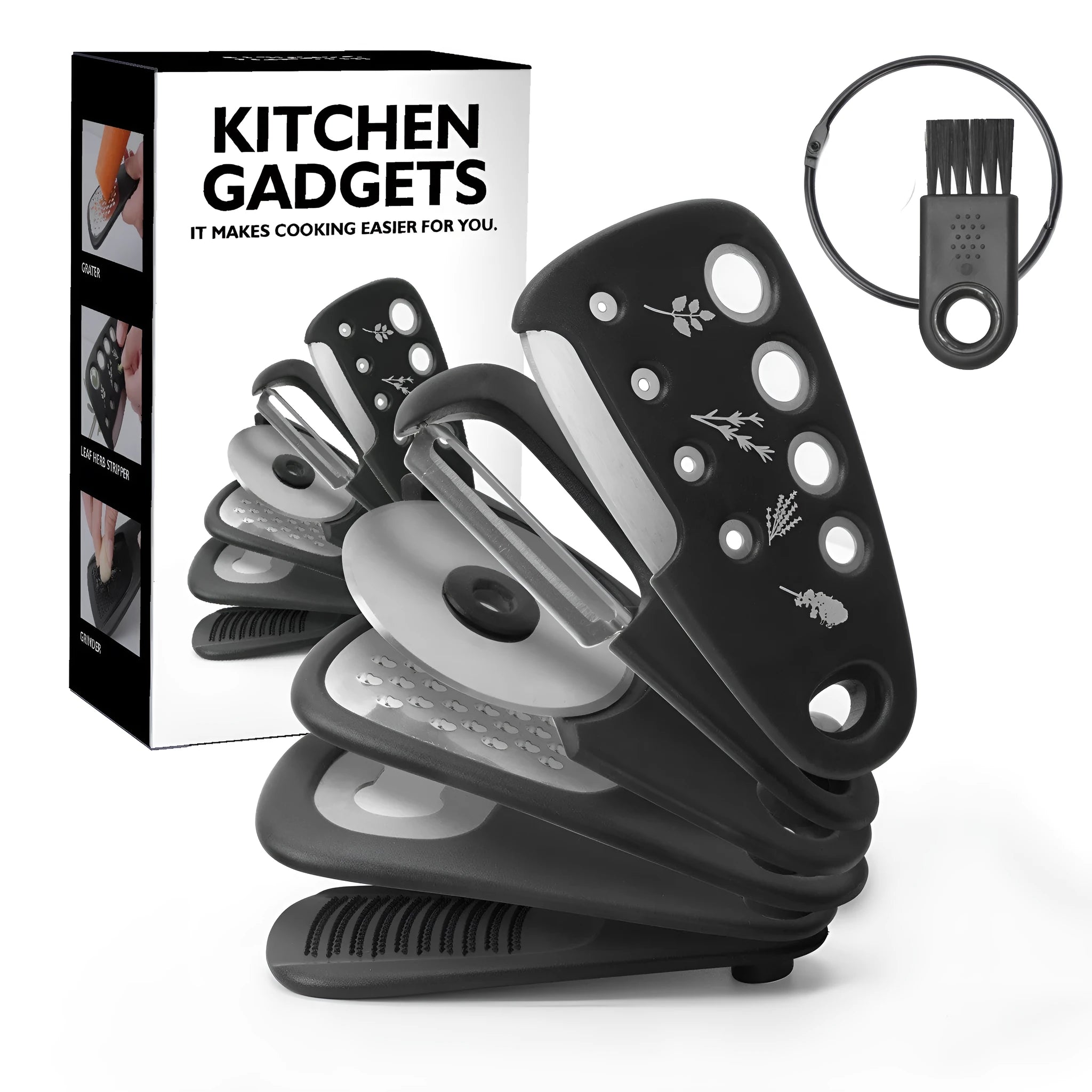 Stackable set of six kitchen utensils with PP handles and stainless steel heads, plus a cleaning brush, in a colour box