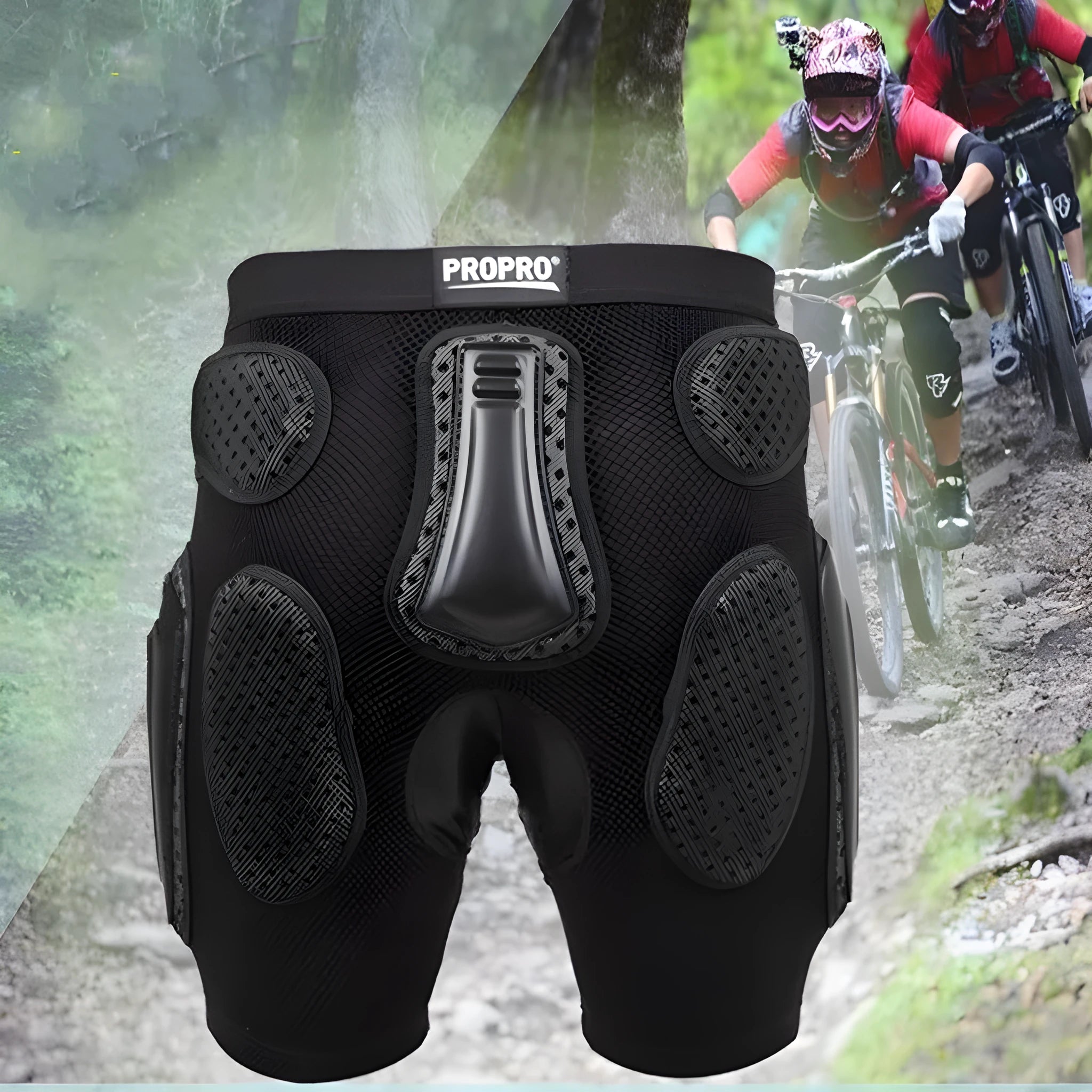 Black cycling hip pad pants with integrated hip protection panels in multiple sizes