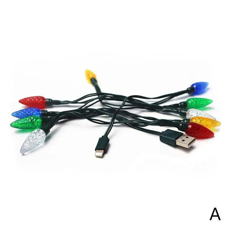 Green USB charging cable with 10 colourful LED lights flashing along its length