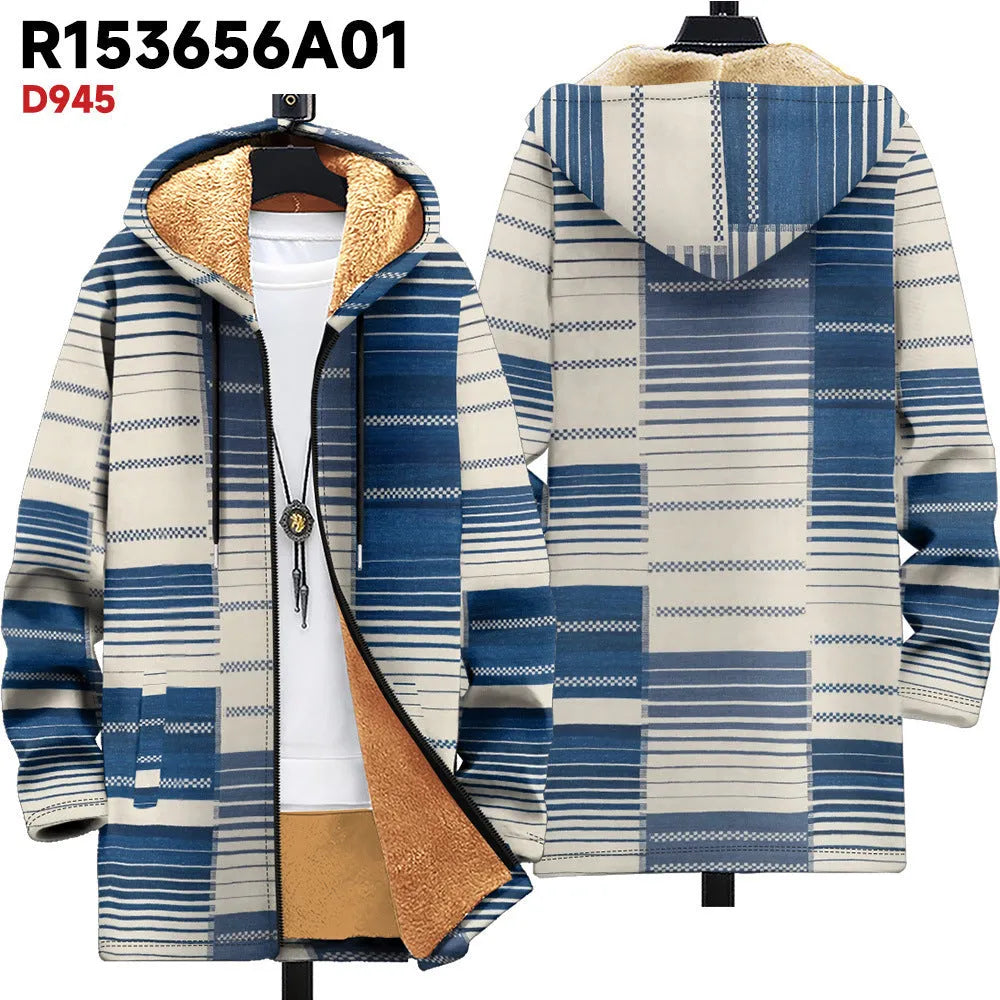 Man wearing a loose-fit zip-up hooded cardigan with a multicolour digital print pattern.
