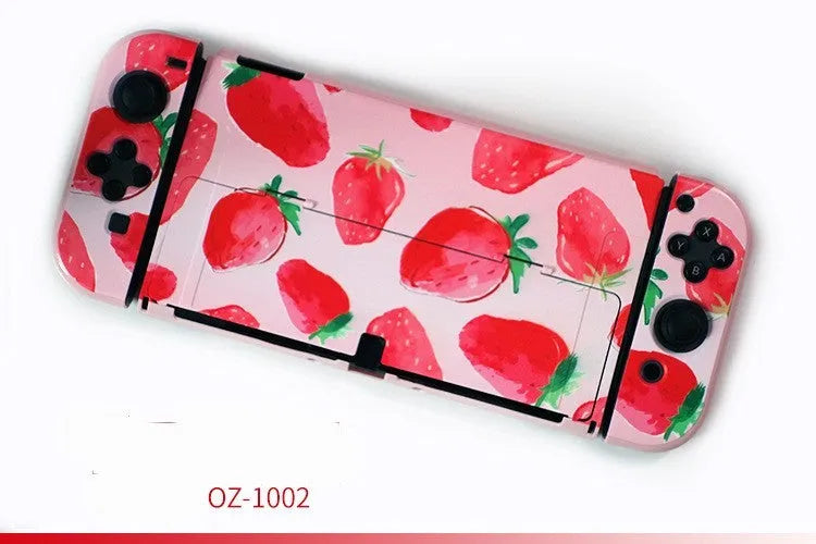 Nintendo Switch OLED hard protective case with cartoon pattern design showing front and back views