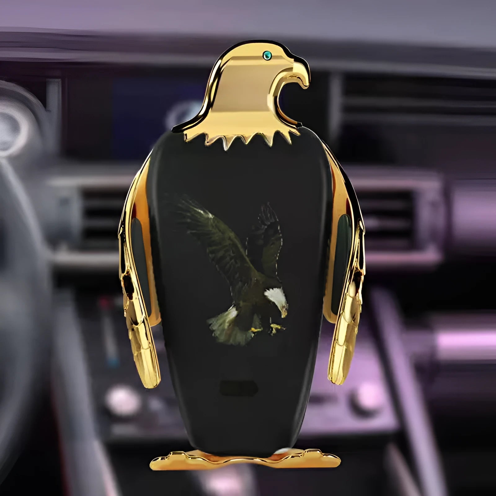Wireless charging car phone holder with suction cup mount in black and gold colour combination