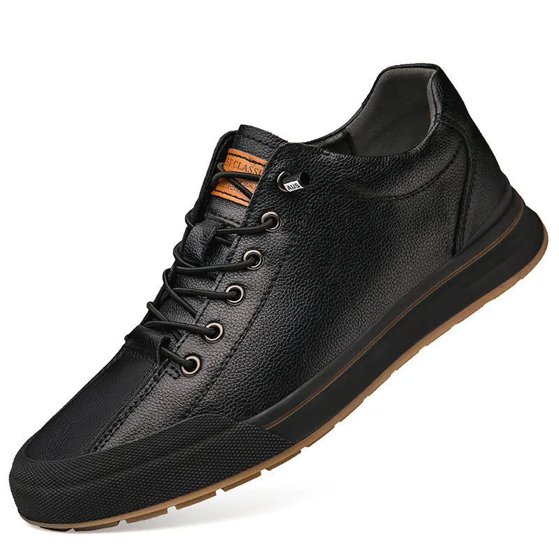 Men's white matte leather casual shoes with breathable hollow-out design and flat heel.