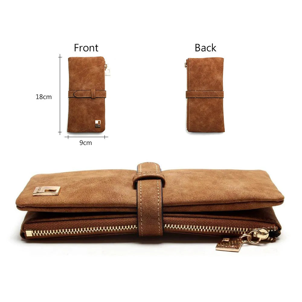 Korean style retro long women's wallet open showing multiple compartments and phone pouch