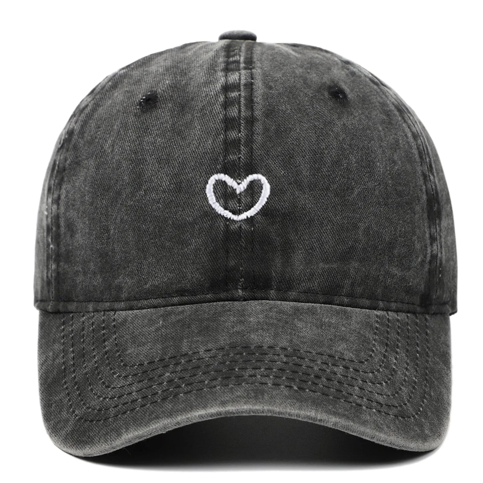 Retro style baseball cap with small love embroidery on cotton fabric in an adjustable dome crown design.