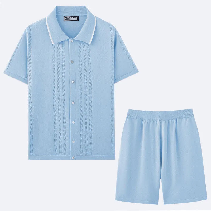 Women's khaki short sleeve sweater and shorts two-piece set laid flat.