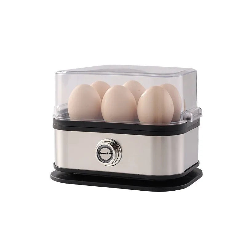 Black portable stainless steel mini egg boiler for kitchen and travel use.