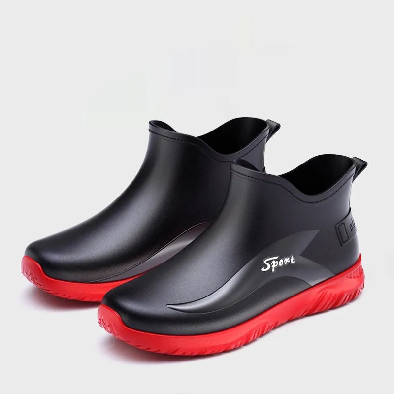 Men's short tube PVC rubber boots in beige, black, and black-red colours with non-slip sole