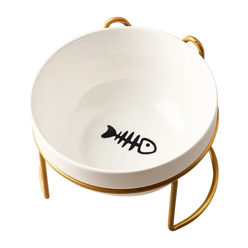 White ceramic pet bowl with decorative pattern in iron frame with cat ear accents