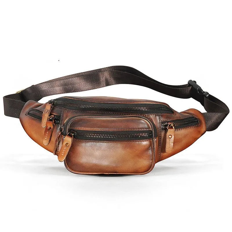 Brown leather retro messenger bag with single shoulder strap showing front compartment and silver hardware