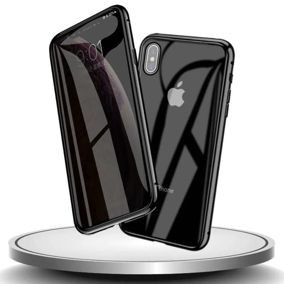 Anti-spy glass clamshell phone case in geometric design for iPhone, shown in multiple colour options