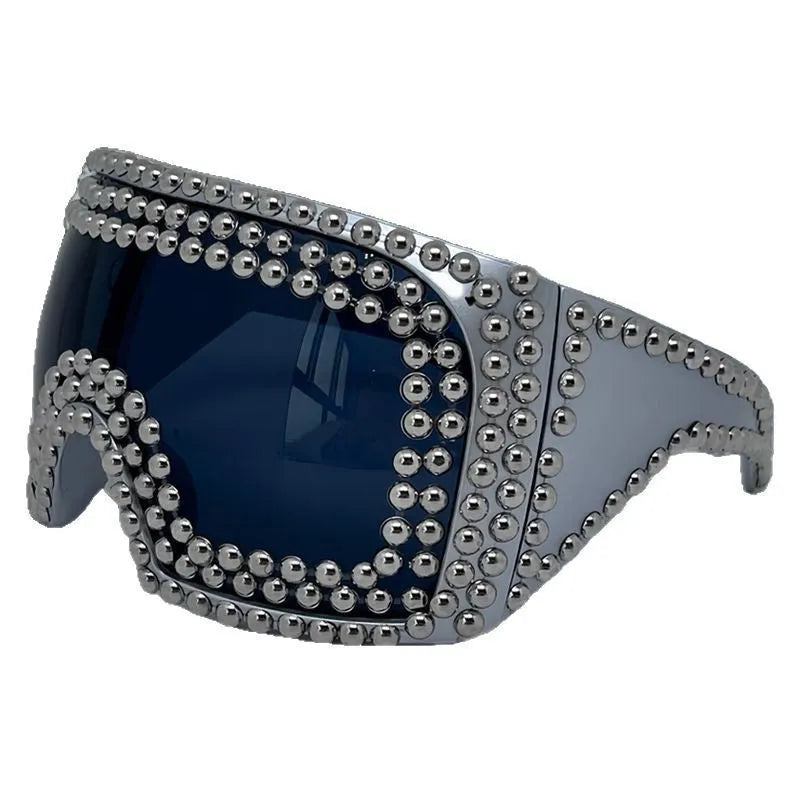 Men's personality punk sunglasses with super large rims and square rivet detailing in silver colour
