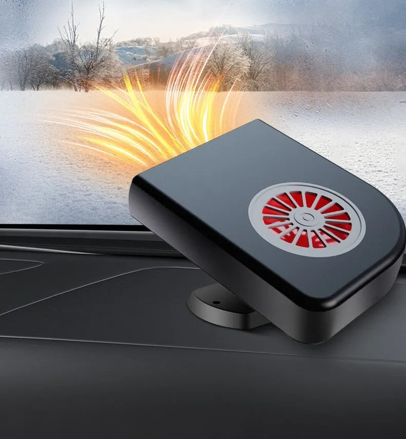 Black portable 12v car heater defogger with adjustable vents on a car dashboard.