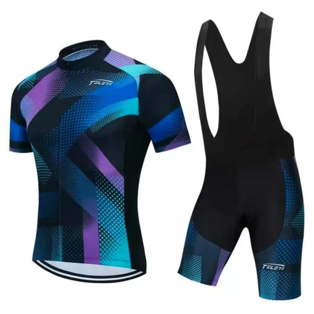 Cycling jersey and pants set with moisture-wicking fabric in various colour options