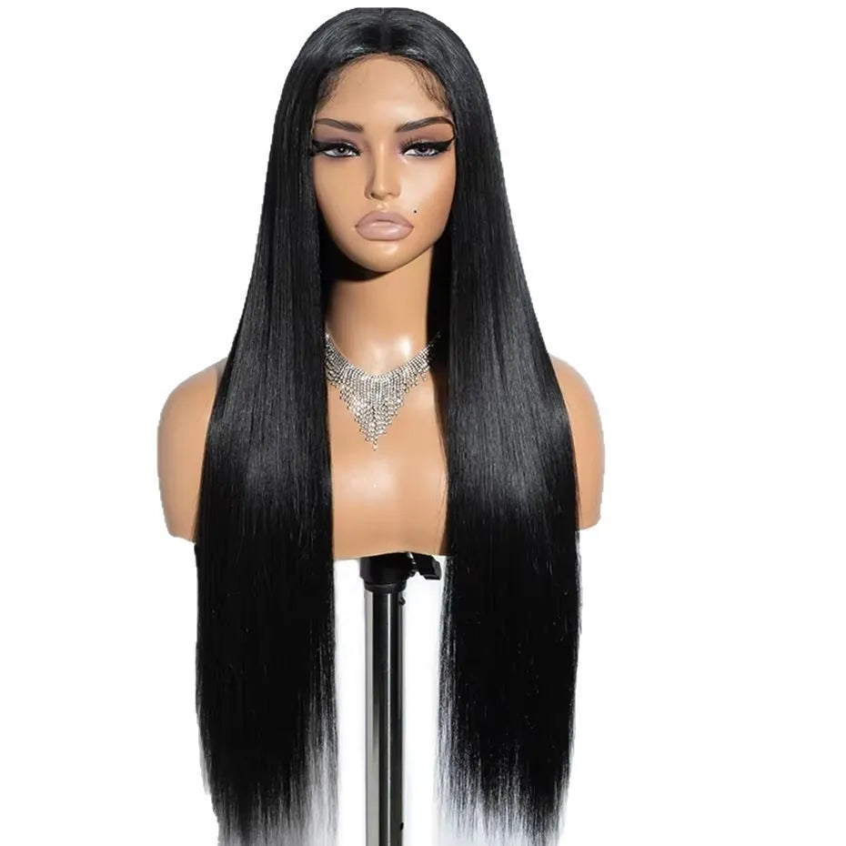A long, straight, glueless human hair wig with side bangs, shown in a natural style.