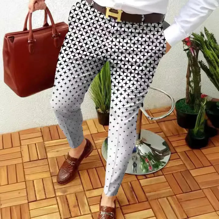 Men's slim-fit casual trousers with 3D printed plaid pattern in straight cut design