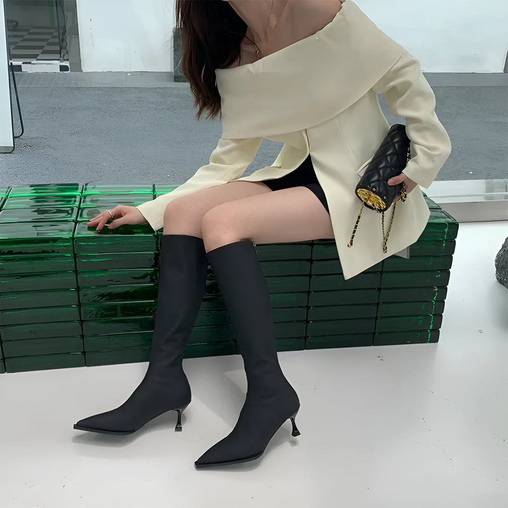 Black pointed toe women's below-the-knee boots with stiletto heel and back zipper fastening.