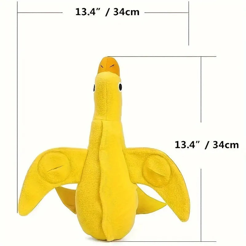 Yellow plush teddy bear dog toy with a small duck doll attached, showing food dispensing holes.