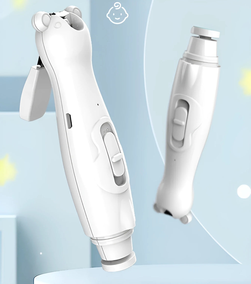 Green electric baby nail clippers with 6 grinding heads and USB charging cable