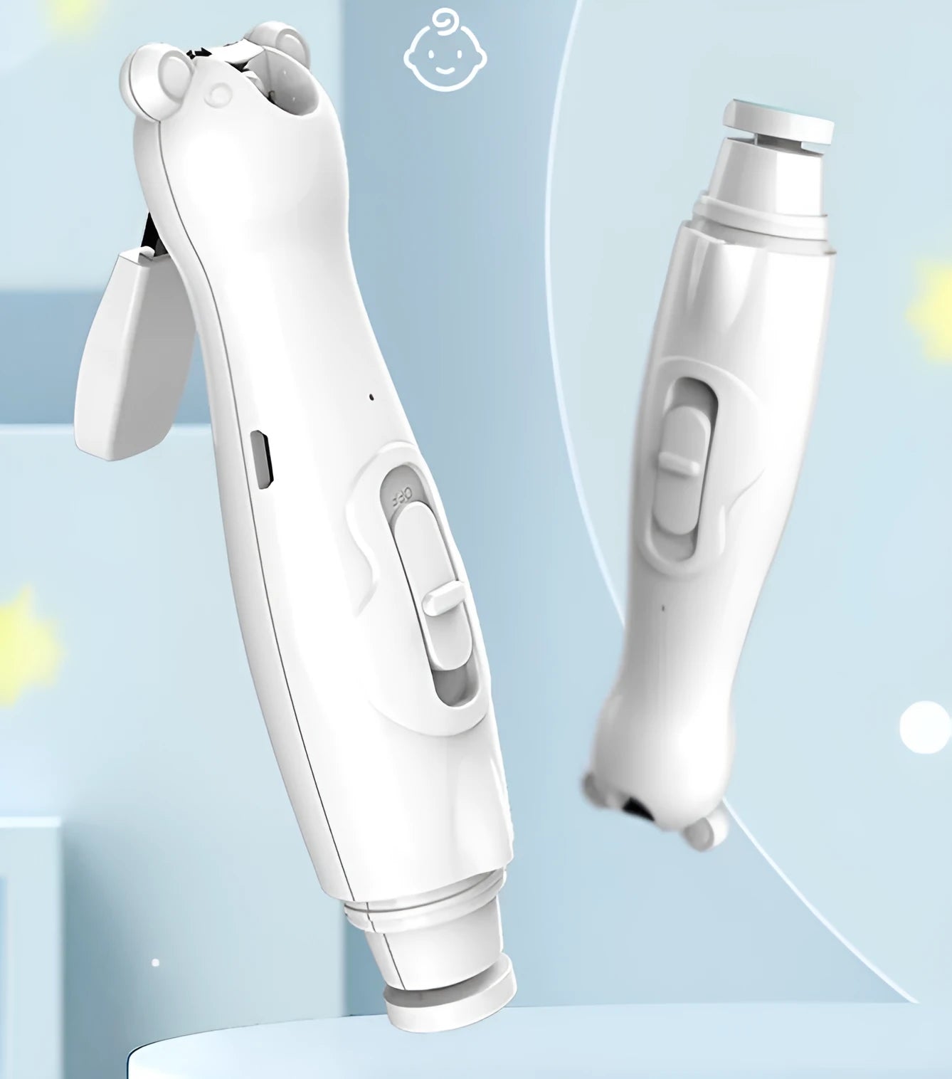 Green electric baby nail clippers with 6 grinding heads and USB charging cable
