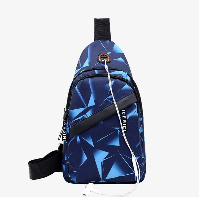 Men's blue Oxford cloth crossbody sling bag with earphone hole design showing zipper opening and letter print detail