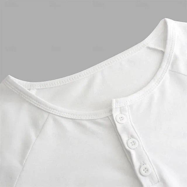 Men's white Henry collar long-sleeved cotton blend t-shirt showing front view with size label