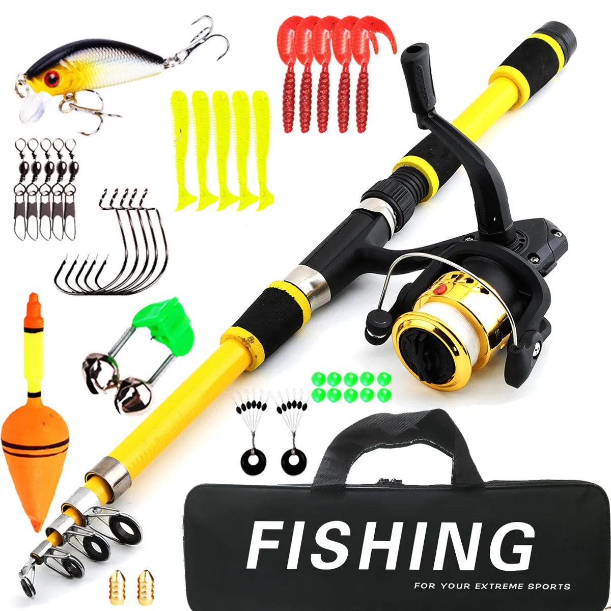 Children's beginner fishing rod and reel set in blue, green, red, or yellow colour options.