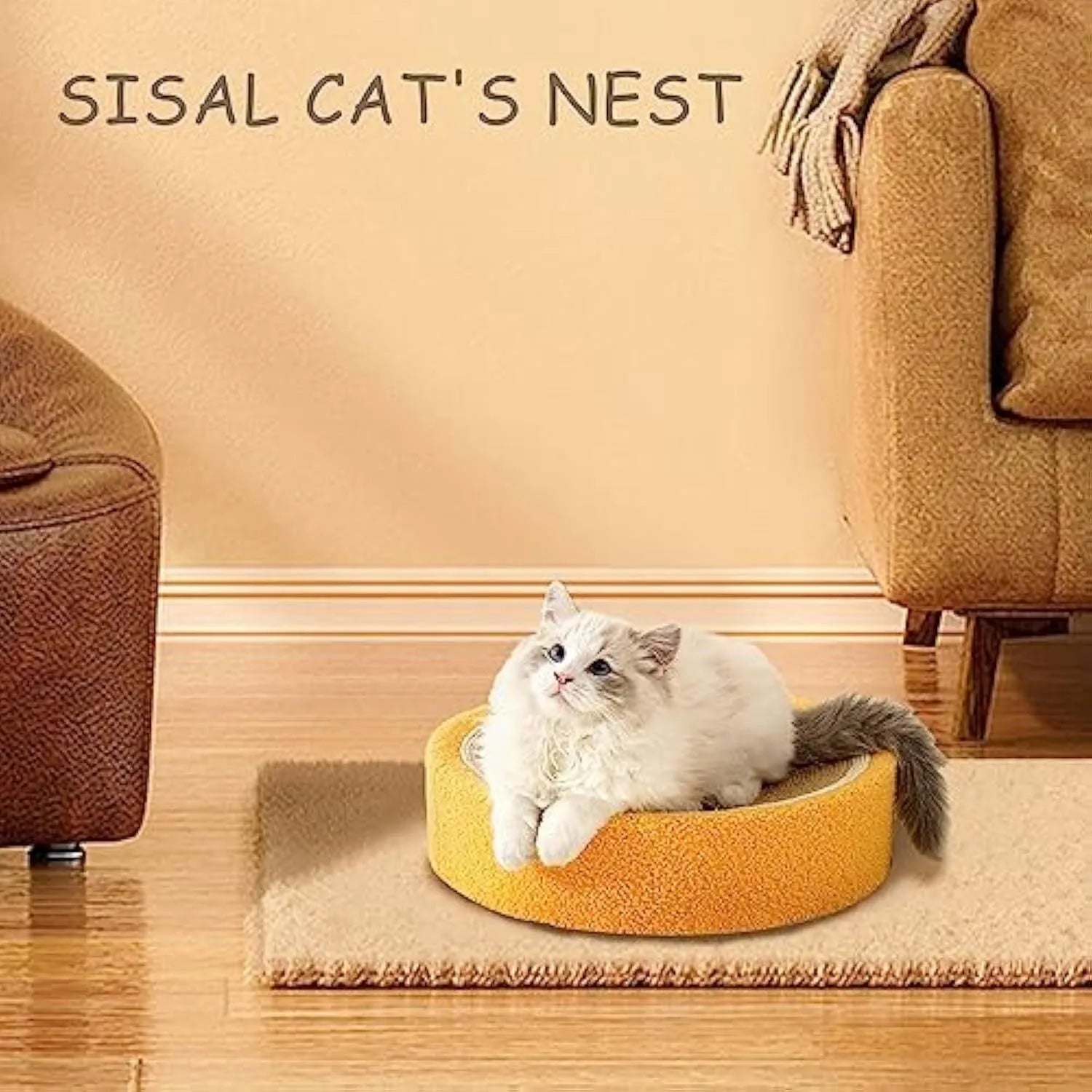 Yellow fruit design round cat scratching board with sisal surface and sleeping area