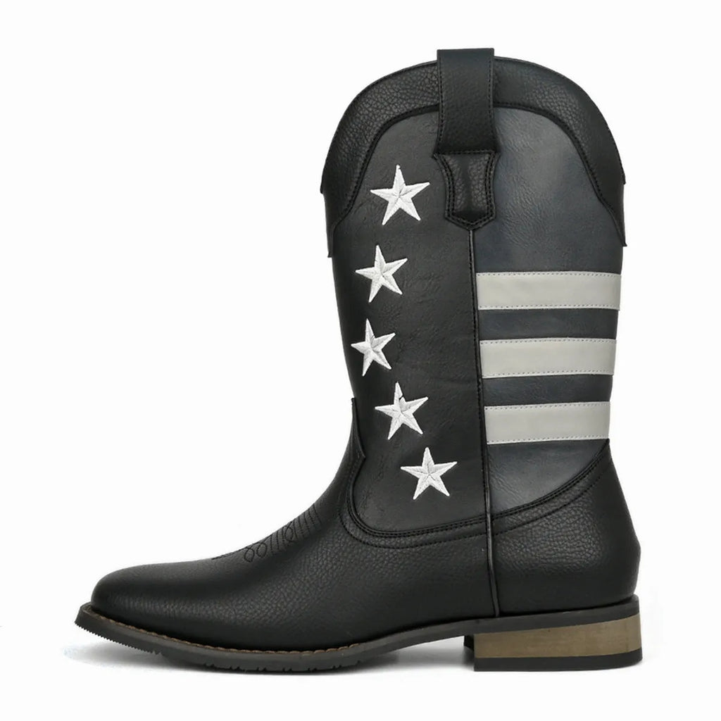 Men's black cowboy boots with a five-pointed star design on the upper and a low square heel.