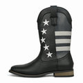 Men's black cowboy boots with a five-pointed star design on the upper and a low square heel.