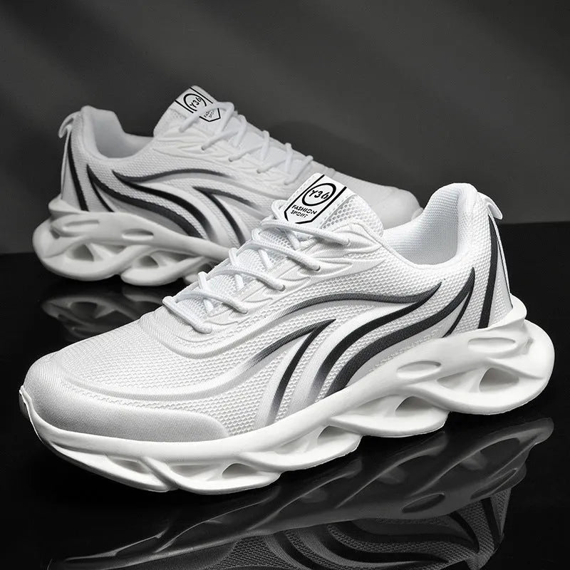 Men's Korean style mesh casual running shoes with carved wing pattern, round toe, foam sole, black and white colour
