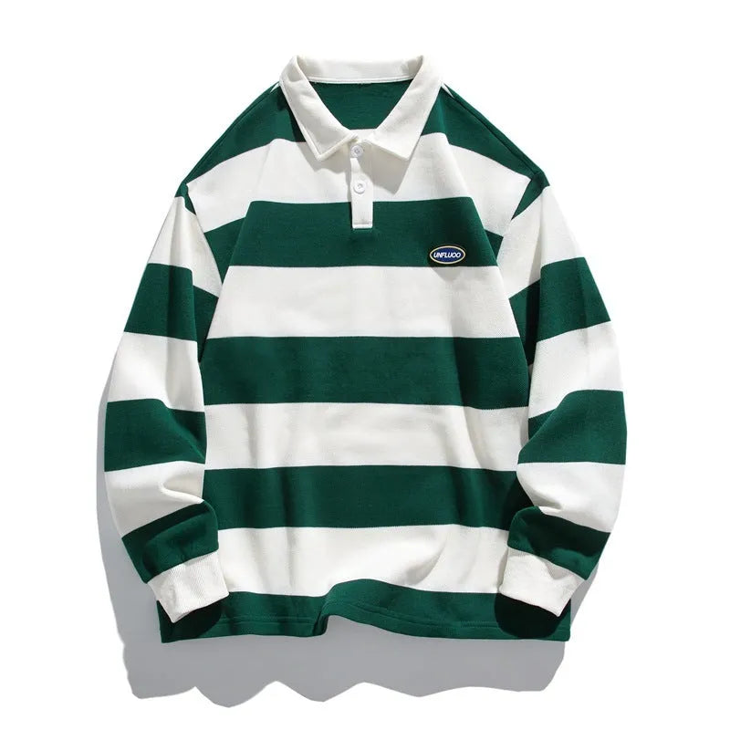 Pearl cotton polo shirt with lapel sweater styling and striped pattern in loose fit long sleeve design