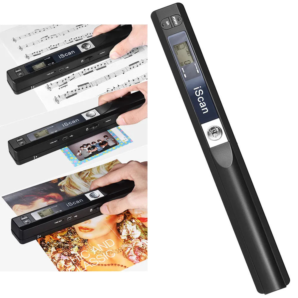 Handheld plastic barcode scanner in black, blue, green, red or silver colour with trigger button