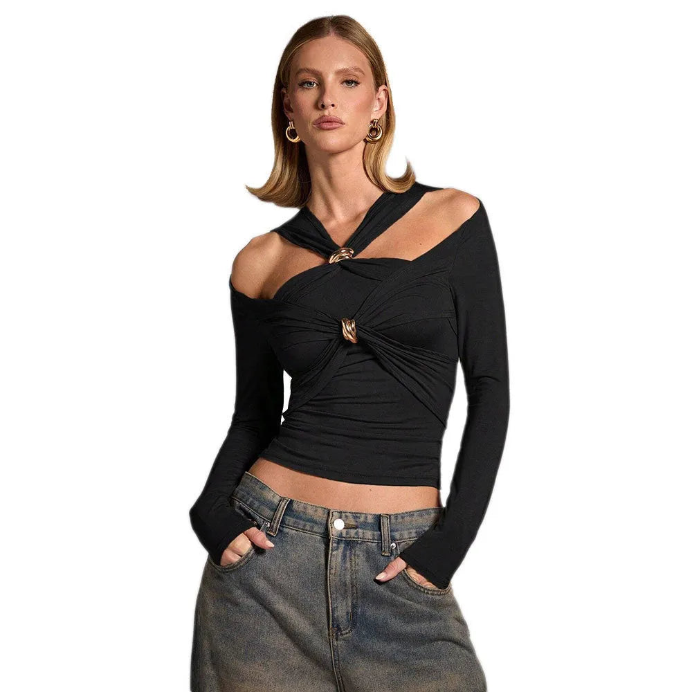Black women's halter top with long sleeves and slim fit, showing shoulder-baring design