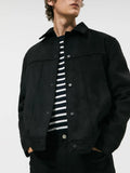 Black men's hooded jacket with suede collar and straight hem design
