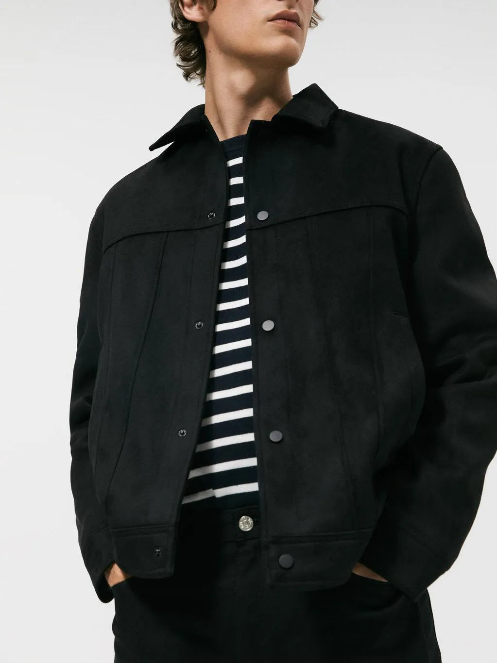 Black men's hooded jacket with suede collar and straight hem design