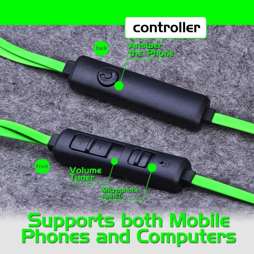 Shuangmai wired in-ear computer gaming headset in black, green, and red colours with 1.5 cm cable