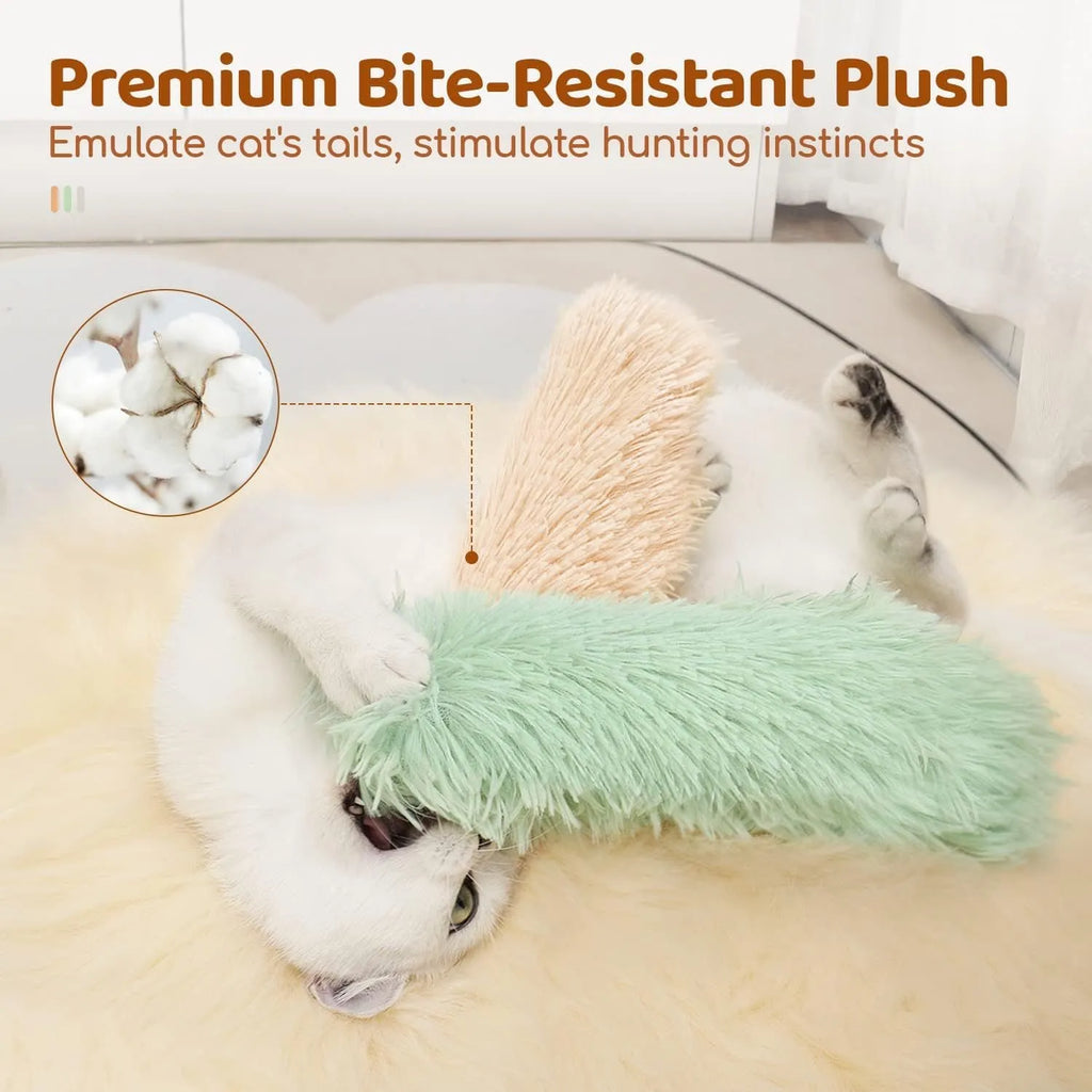Colourful cat plush toy pillow in blue, green, pink, or white, showing soft texture and 27cm length.