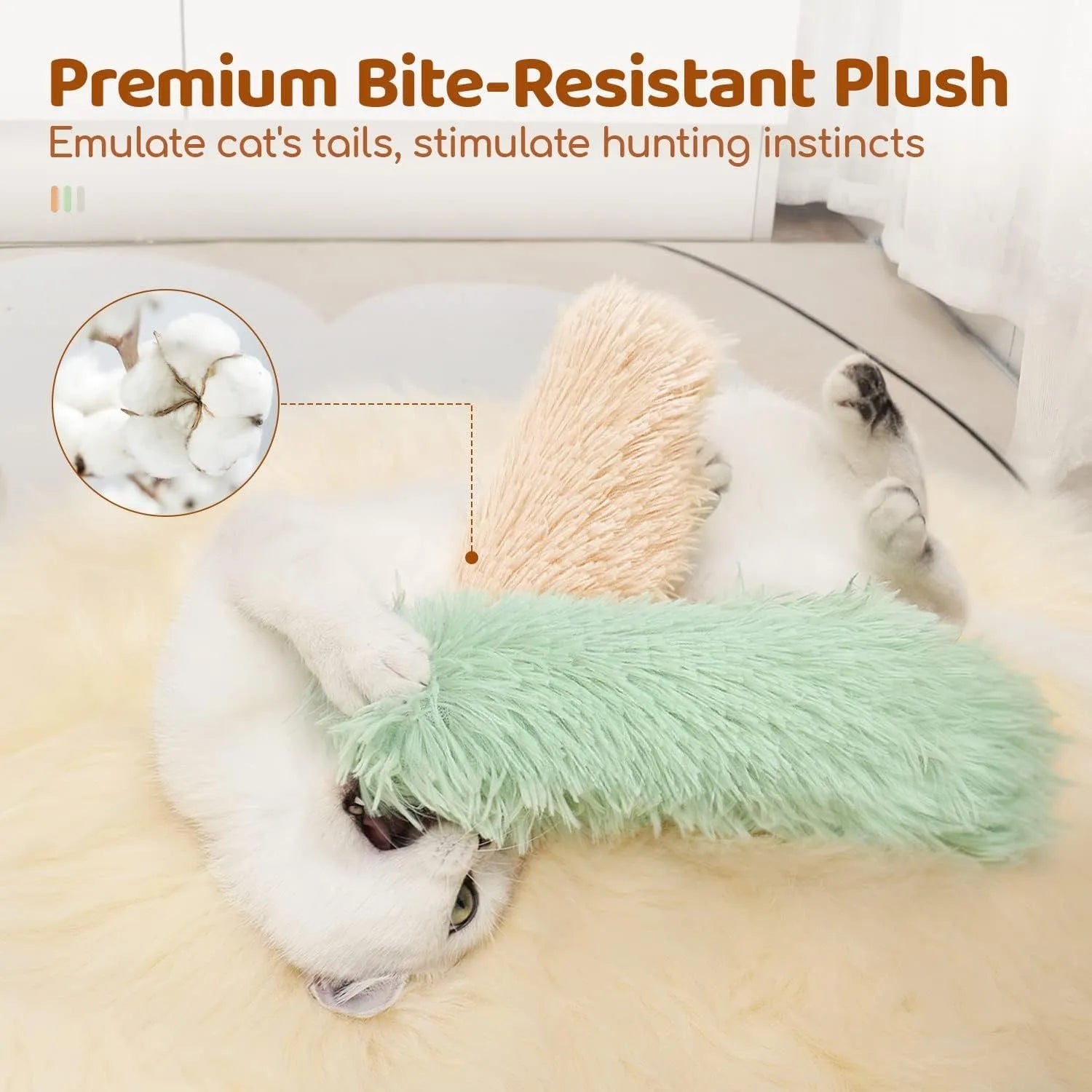 Colourful cat plush toy pillow in blue, green, pink, or white, showing soft texture and 27cm length.