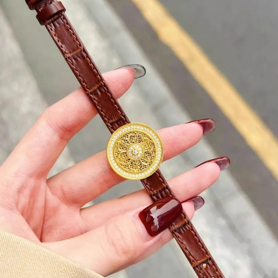 Gold plated eight-treasure compass watch chain with moissanite inlay on a black leather strap