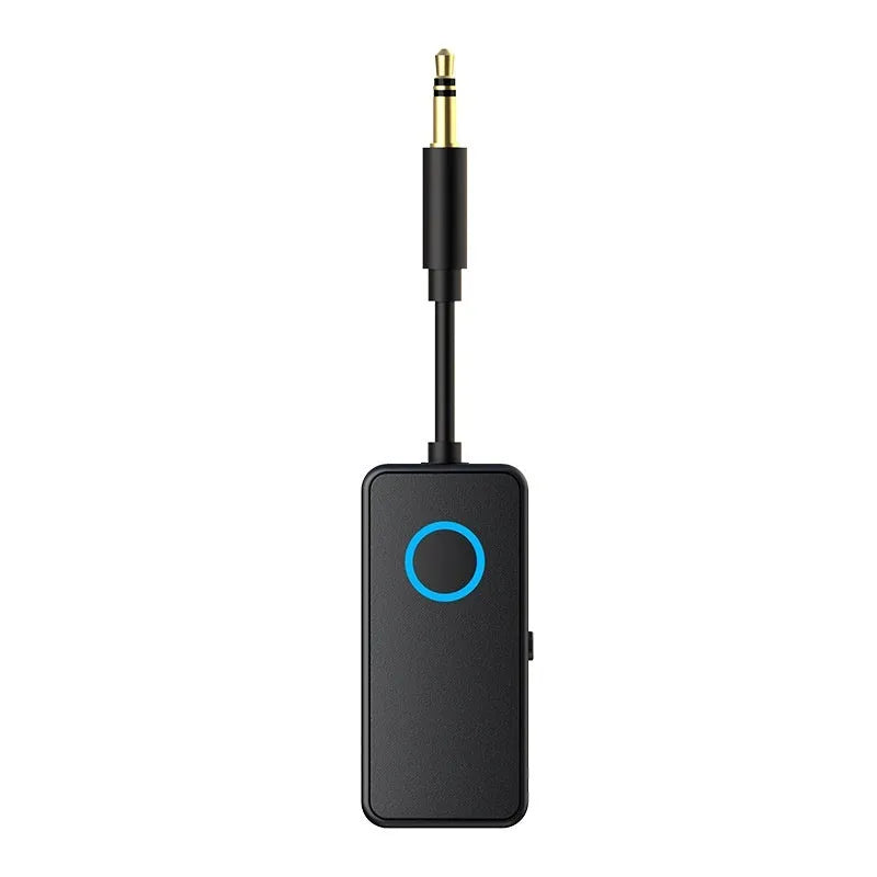 Black Bluetooth 5.4 audio adapter with 3.5mm plug for wireless audio conversion