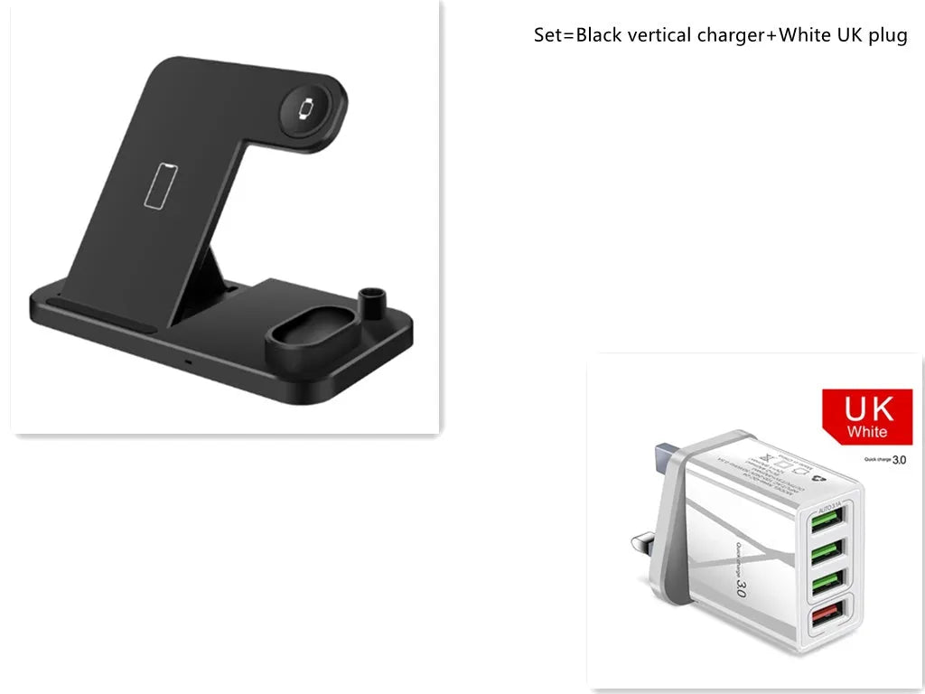 4-in-1 wireless charging station with adjustable phone stand charging multiple devices