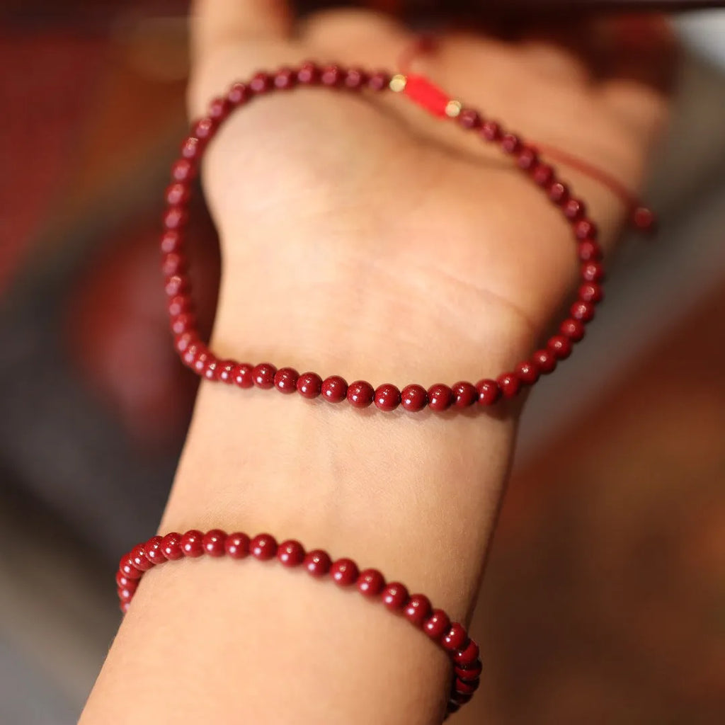 Handcrafted purple gold sand design cinnabar bracelet or anklet with geometric Chinese style patterns.