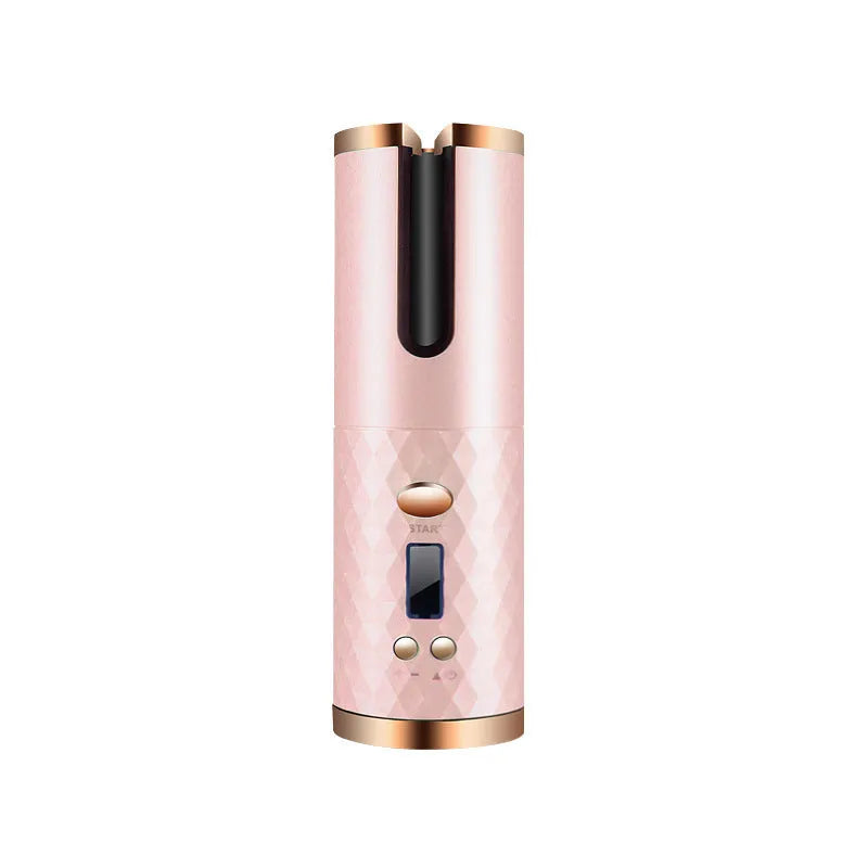 Portable USB charging curling iron with gold ceramic barrel in white, pink, or grey