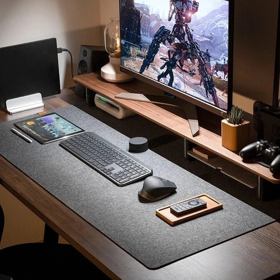 Extra large thickened non-slip felt mouse pad for desk in brown colour with keyboard and mouse