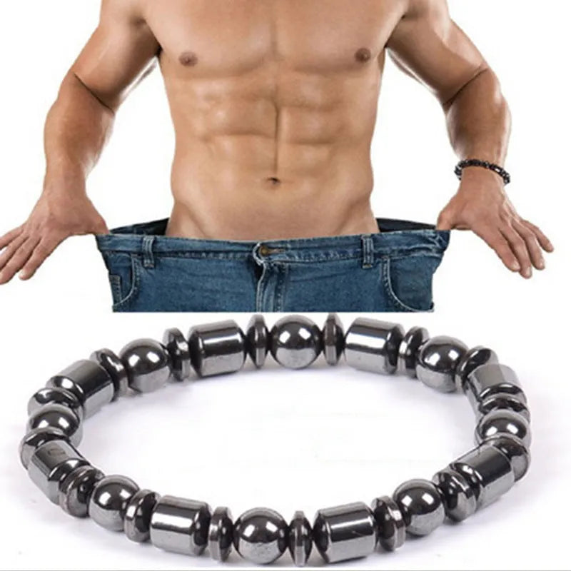 Black pentagram magnetic therapy bracelet made from magnetite and hematite stones with a stretch fit.