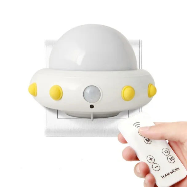 Remote control UFO cartoon bedside night light in blue, pink, or white colour options
