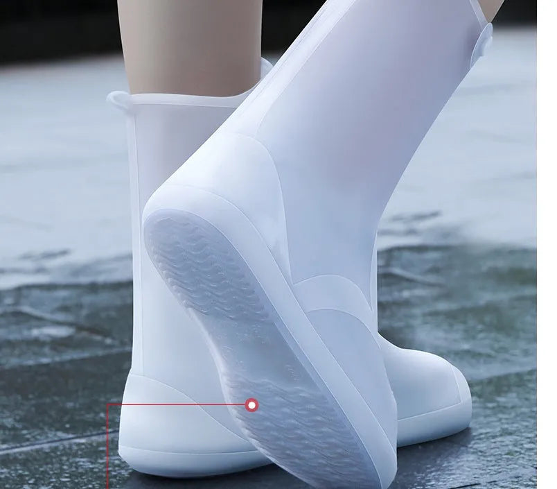 White high-top PVC reusable shoe covers for women, water resistant and anti-skid.