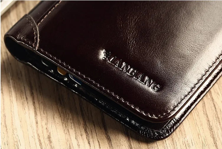 Men's black leather wallet open to show internal card slots, coin pocket, photo holder, and document section.