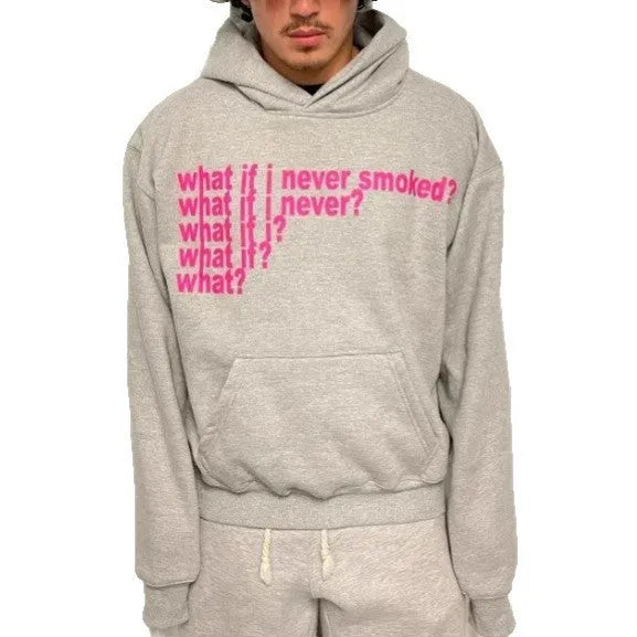 Black hooded sweater with white letter print design on front, showing pullover style with regular sleeves